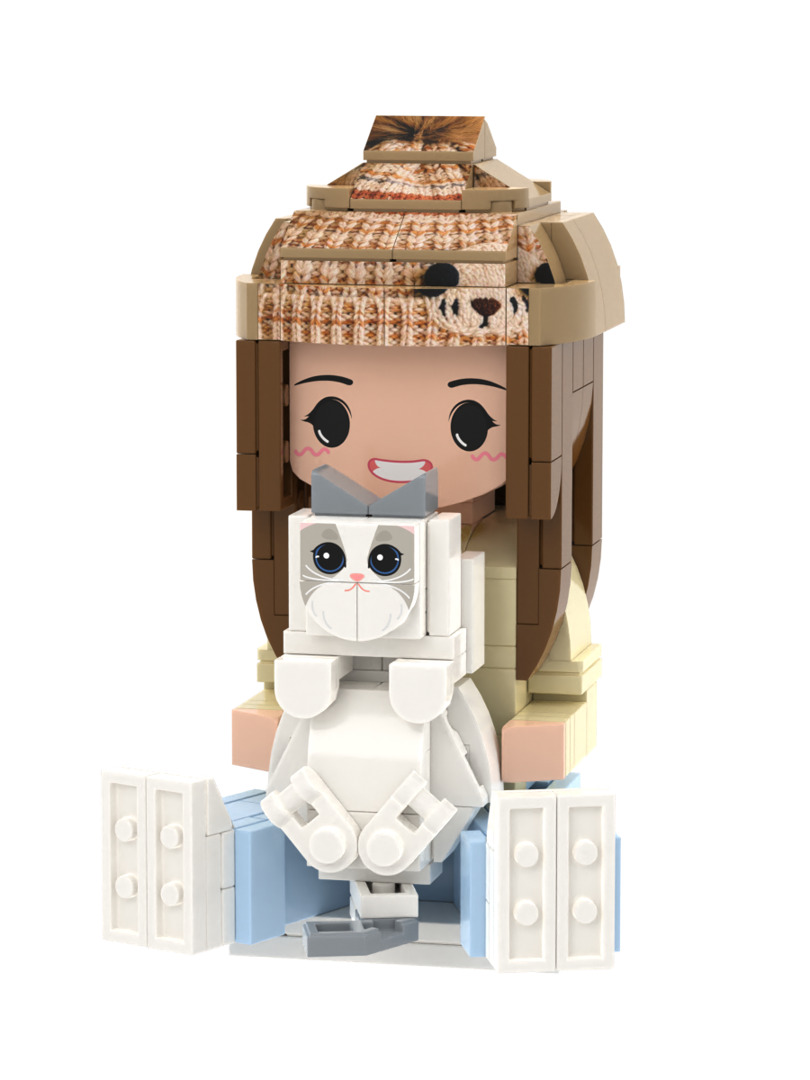Custom Brick Figure – One Person Seated with Cat – Round Face product example