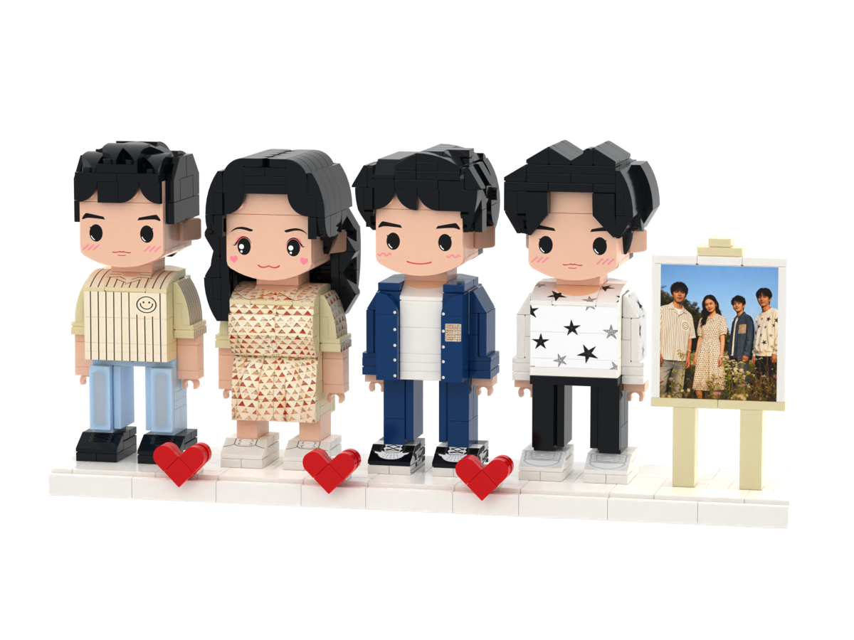 Custom Brick Figure Set with Mini Photo Easel – Four People – Round Face product example