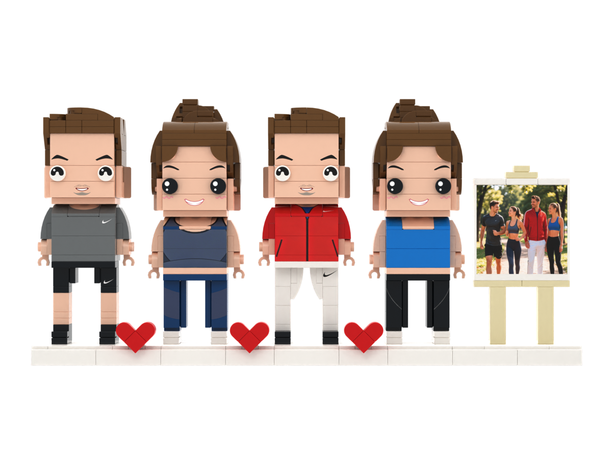 Custom Brick Figure Set with Mini Photo Easel – Four People – Square Face product example
