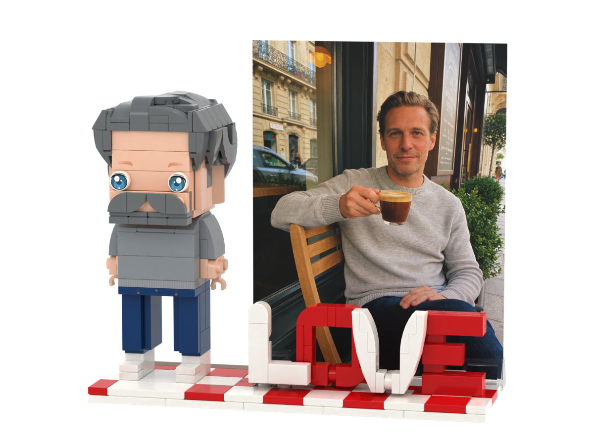 Custom Brick Figure with LOVE Photo Display – One Person – Square Face product example