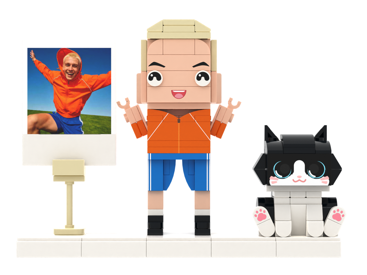 Custom Brick Figure with Preset Cat and Instant Photo Display – Square Face product example