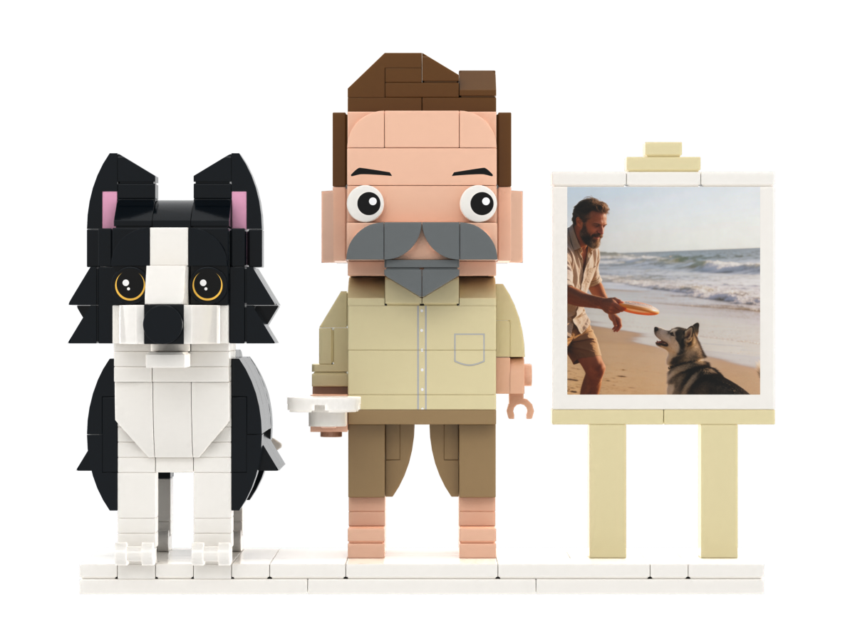 Custom Person & Dog Brick Figure Set with Mini Photo Easel – Square Face product example