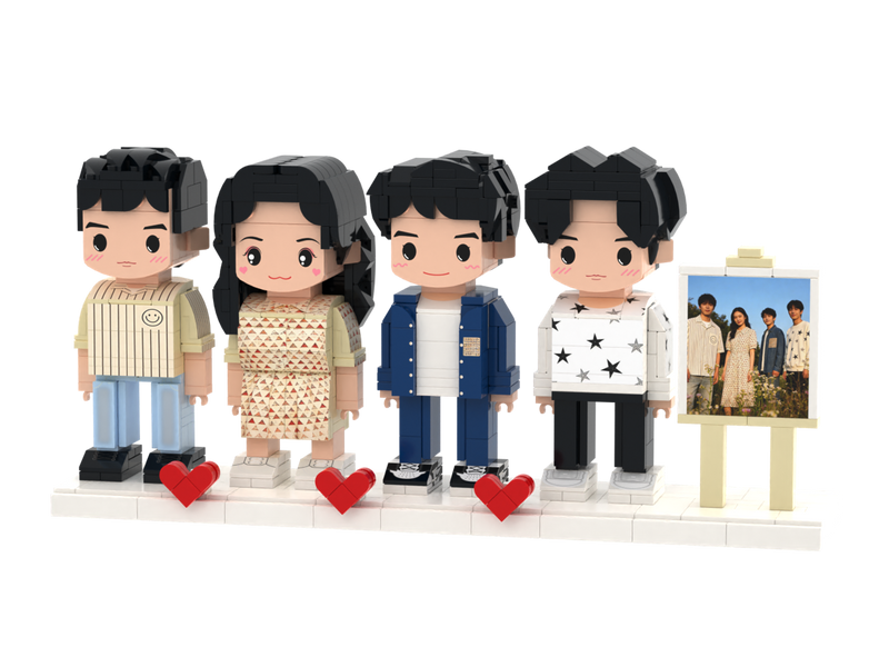 Custom four-person family brick figure set with a mini photo easel