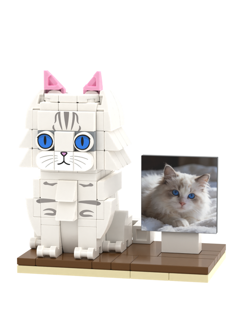Custom cat brick figure displayed beside a personalized photo