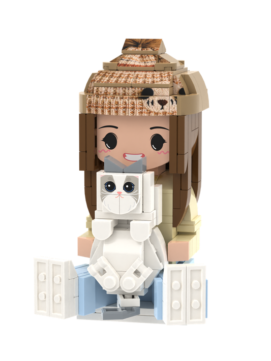 Custom Brick Figure – One Person Seated with Cat – Round Face product example