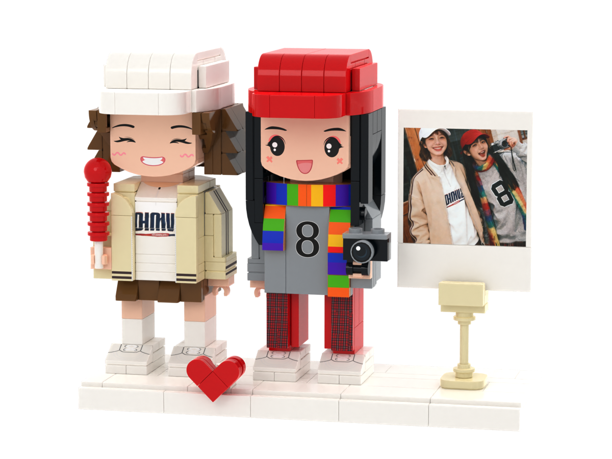 Custom Brick Figure Set with Instant Photo Display – Two People – Round Face product example
