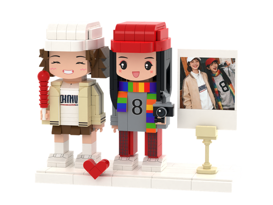 Custom Brick Figure Set with Instant Photo Display – Two People – Round Face product example