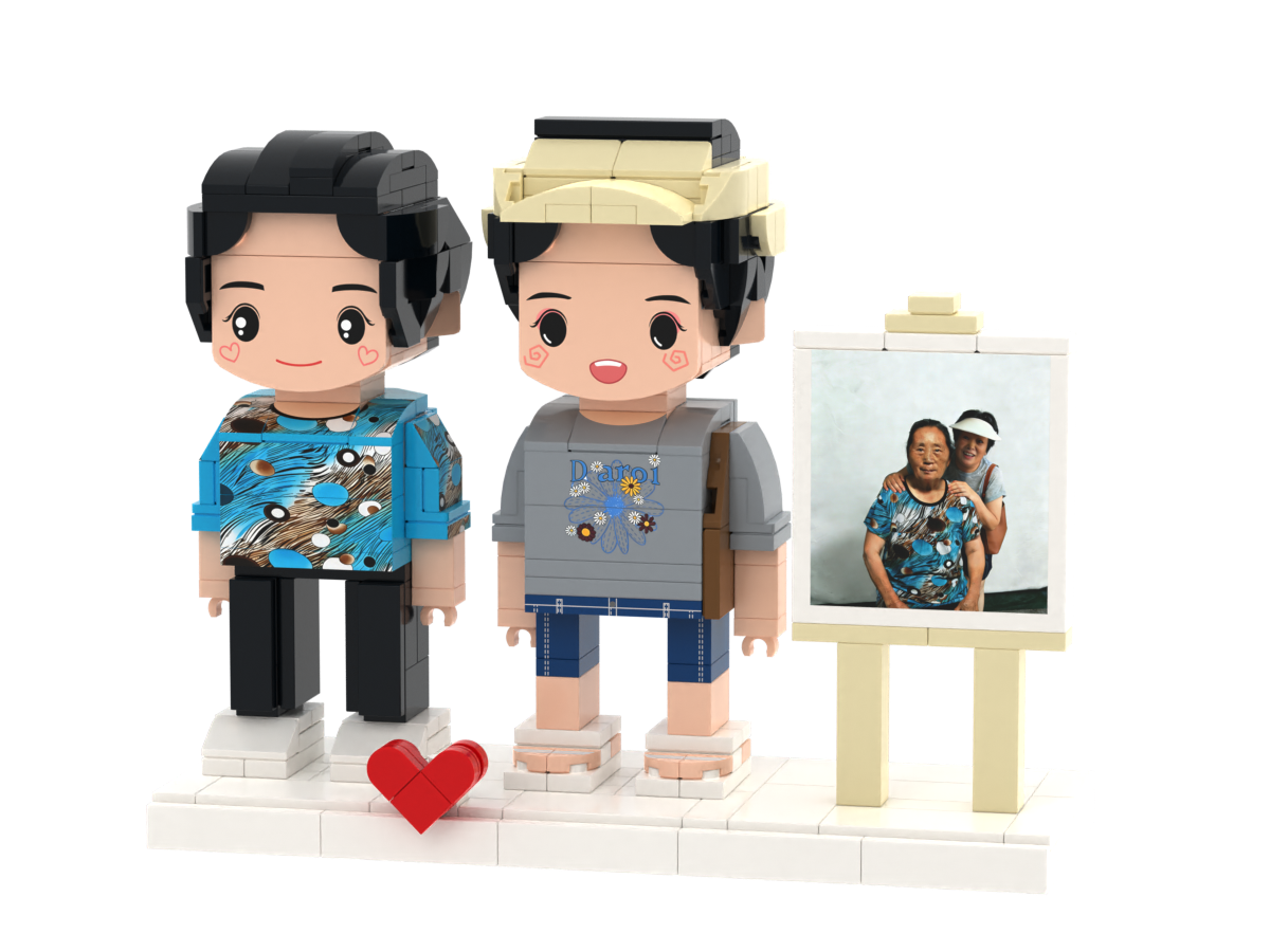 Custom Brick Figure Set with Mini Photo Easel – Two People – Round Face product example