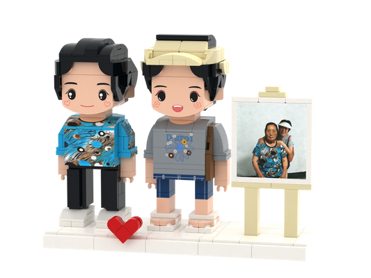 Custom Brick Figure Set with Mini Photo Easel – Two People – Round Face product example