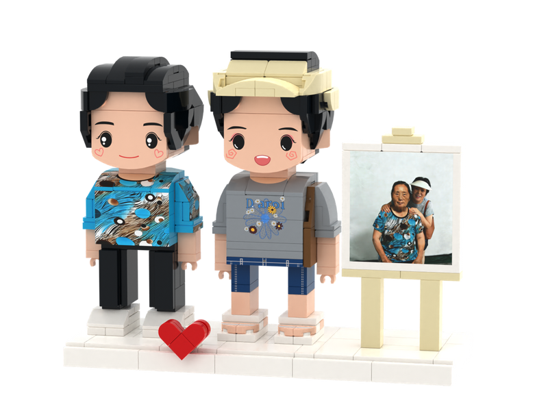 Custom Brick Figure Set with Mini Photo Easel – Two People – Round Face product example