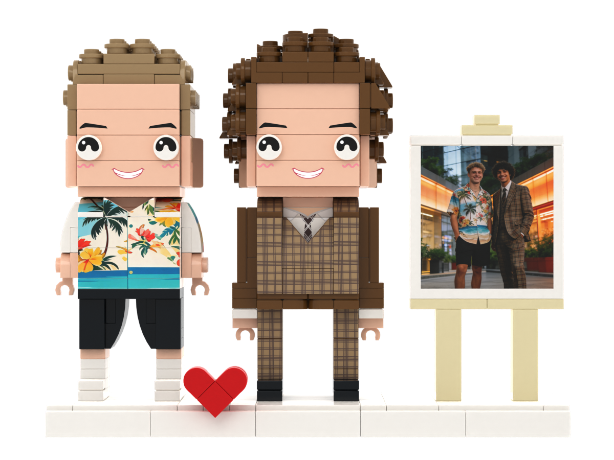 Custom Brick Figure Set with Mini Photo Easel – Two People – Square Face product example