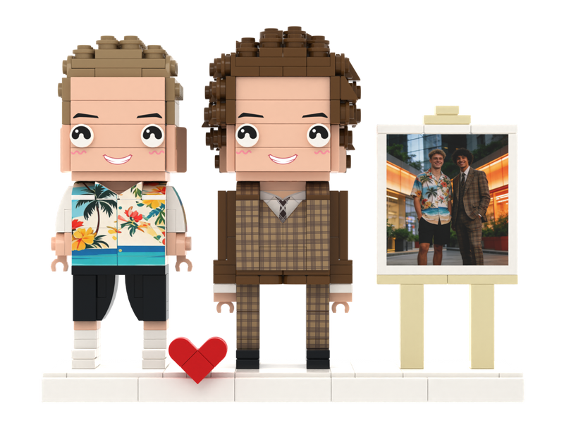 Custom Brick Figure Set with Mini Photo Easel – Two People – Square Face product example