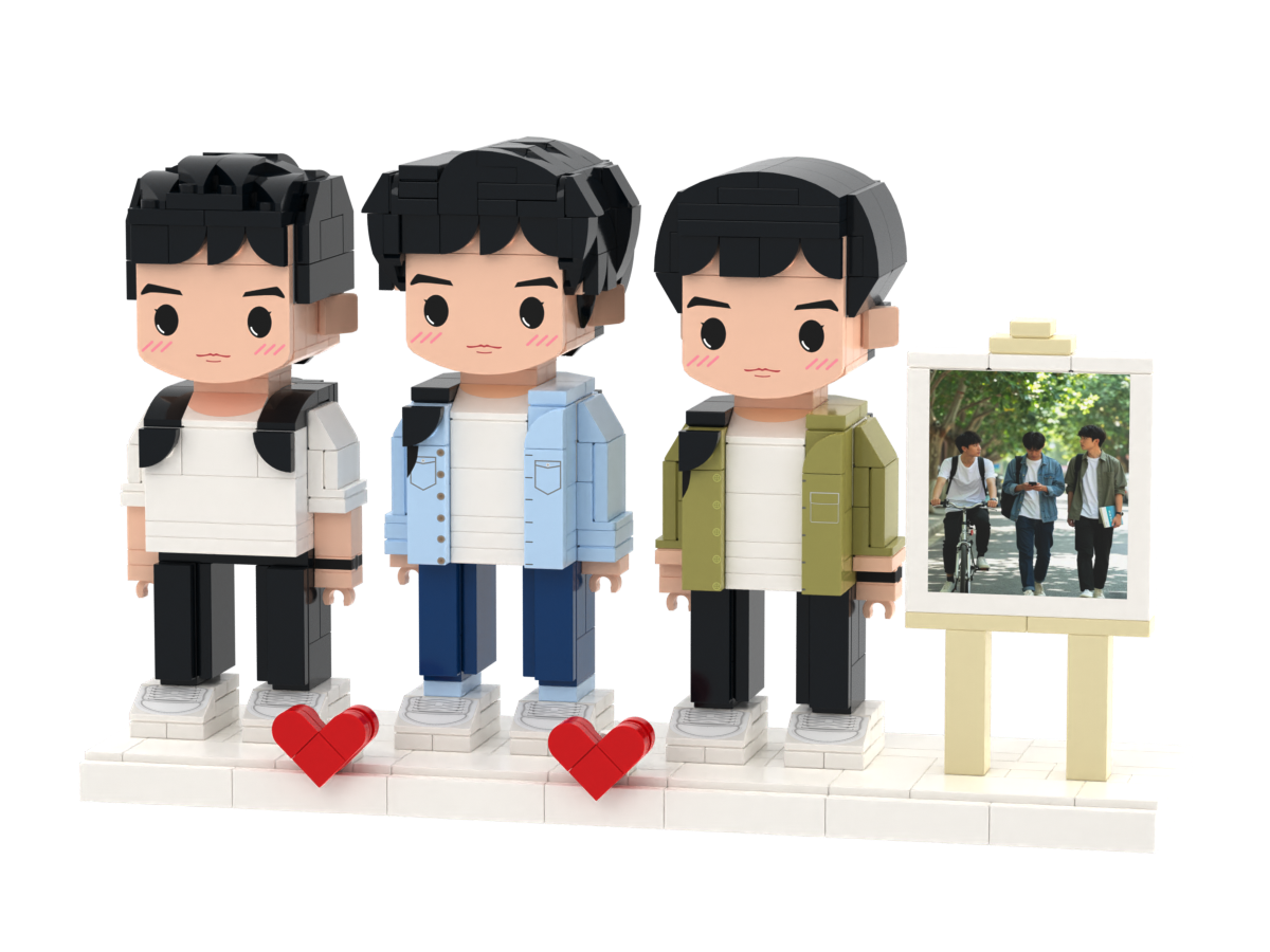 Custom Brick Figure Set with Mini Photo Easel – Three People – Round Face product example