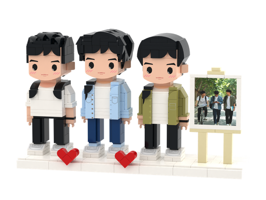 Custom Brick Figure Set with Mini Photo Easel – Three People – Round Face product example