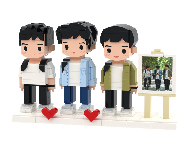 Custom Brick Figure Set with Mini Photo Easel – Three People – Round Face product example