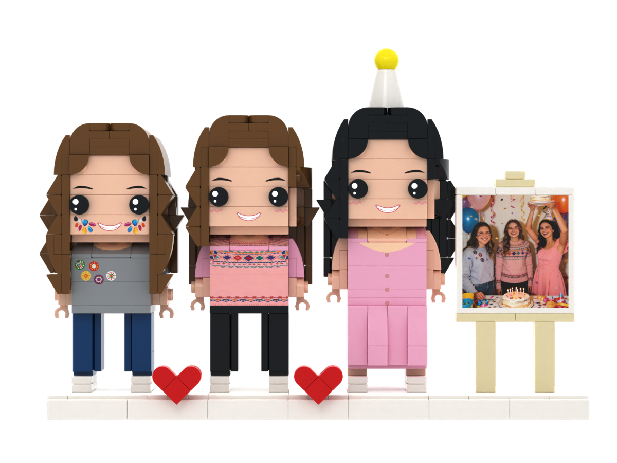 Custom Brick Figure Set with Mini Photo Easel – Three People – Square Face product example