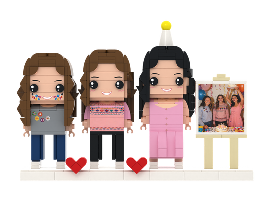Custom Brick Figure Set with Mini Photo Easel – Three People – Square Face product example