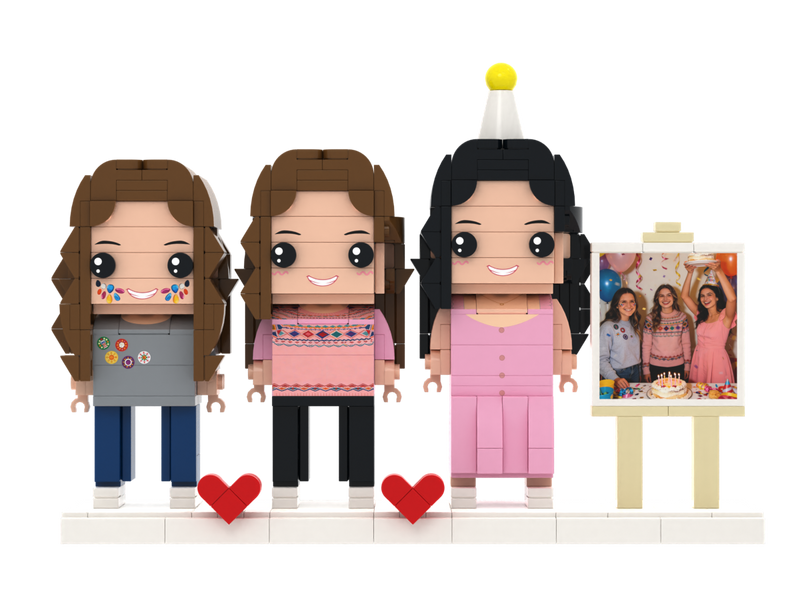 Custom Brick Figure Set with Mini Photo Easel – Three People – Square Face product example