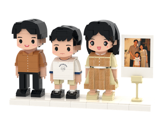 Custom Brick Figure Set with Instant Photo Display – Three People – Round Face product example