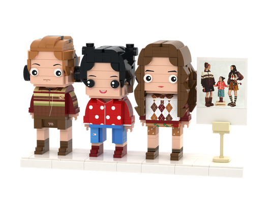 Custom Brick Figure Set with Instant Photo Display – Three People – Square Face product example