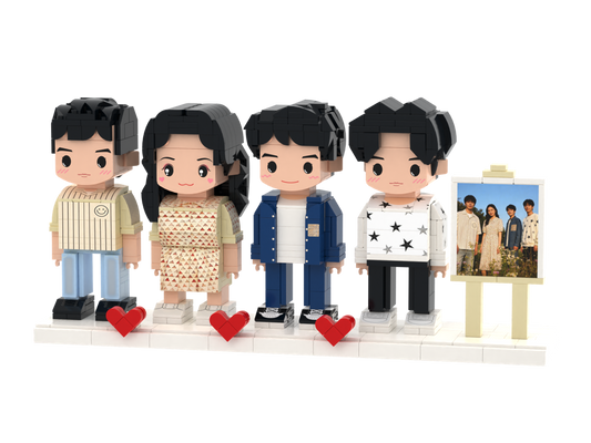 Custom Brick Figure Set with Mini Photo Easel – Four People – Round Face product example