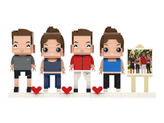 Custom Brick Figure Set with Mini Photo Easel – Four People – Square Face product example