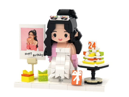 Custom Brick Birthday Scene – One Person with Cake – Round Face product example