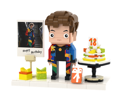 Custom Brick Birthday Scene – One Person with Cake – Square Face product example