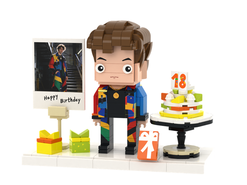 Custom Brick Birthday Scene – One Person with Cake – Square Face product example