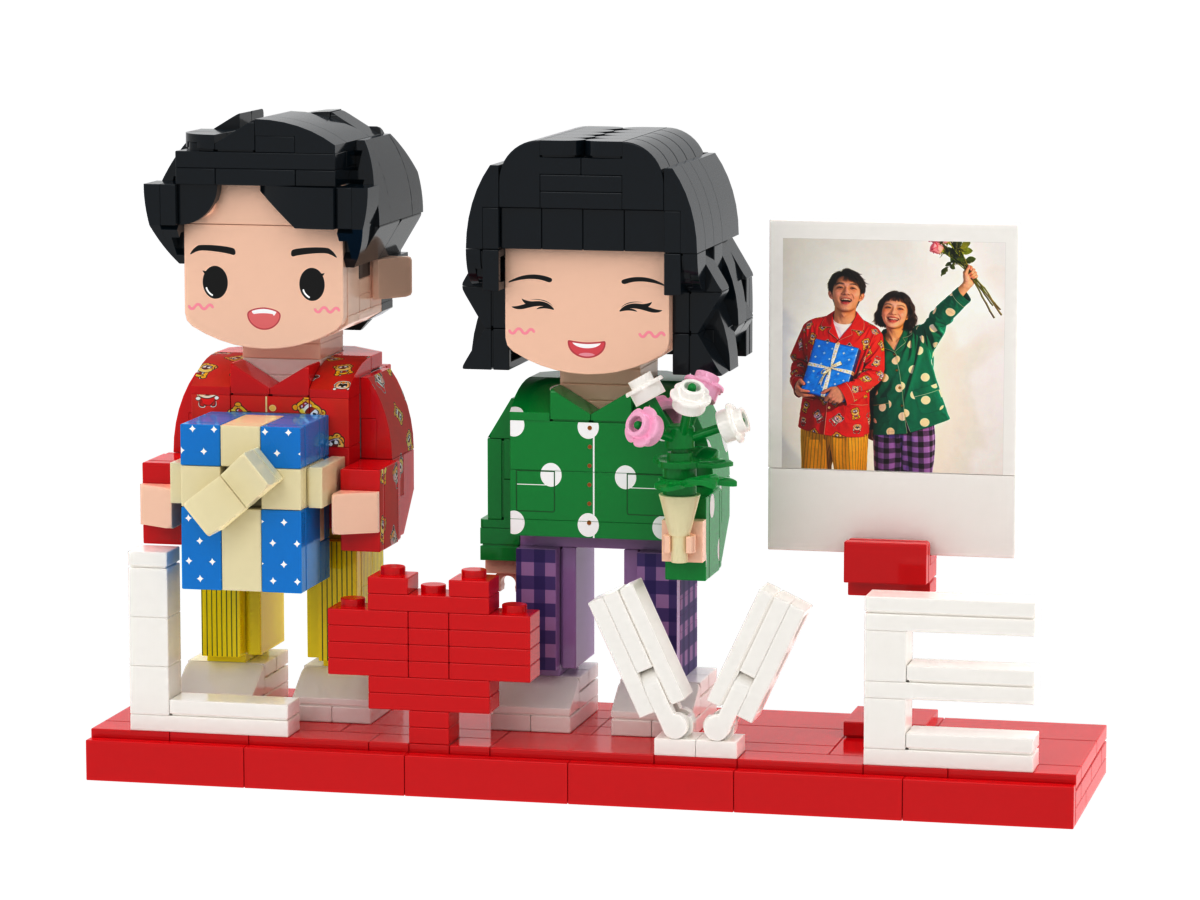 Custom Brick Couple Scene with LOVE Instant Photo Display – Round Face product example