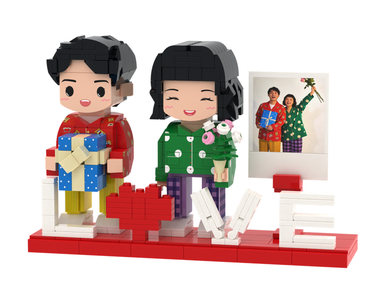 Custom Brick Couple Scene with LOVE Instant Photo Display – Round Face product example
