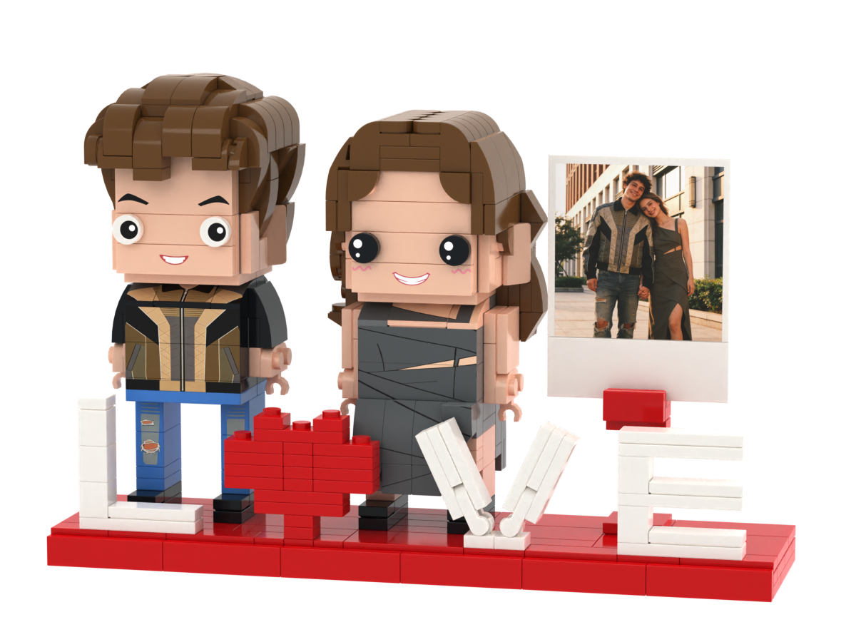 Custom Brick Couple Scene with LOVE Instant Photo Display – Square Face product example