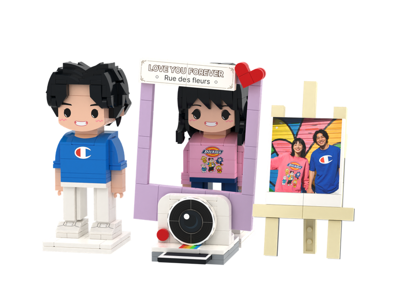 Custom Brick Couple Camera & Photo Easel Scene – Round Face product example