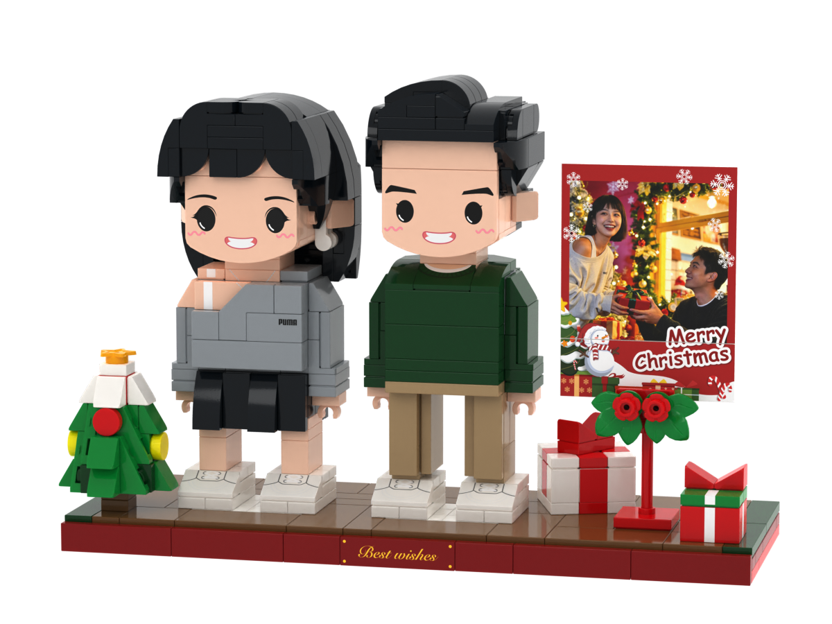 Custom Brick Christmas Scene with Instant Photo Display – Two People – Round Face product example