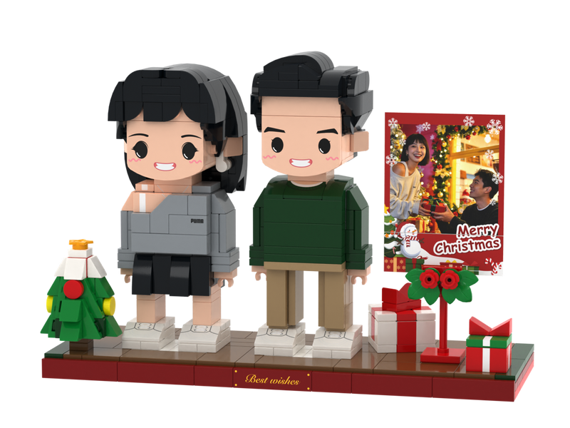 Custom Brick Christmas Scene with Instant Photo Display – Two People – Round Face product example