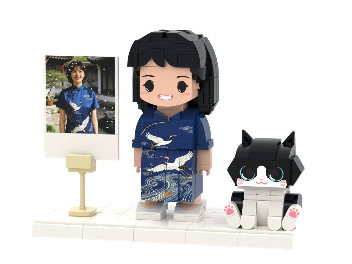Custom Brick Figure with Preset Cat and Instant Photo Display – Round Face product example