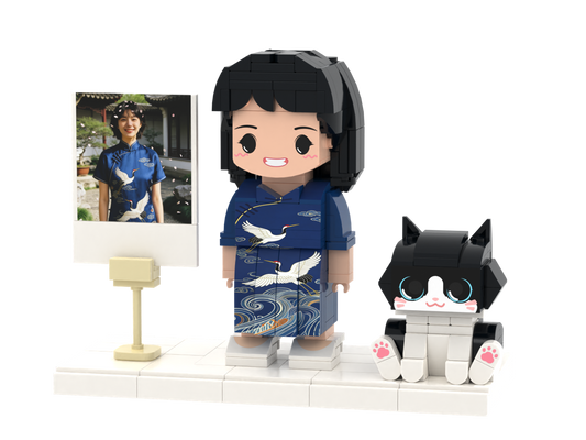 Custom Brick Figure with Preset Cat and Instant Photo Display – Round Face product example