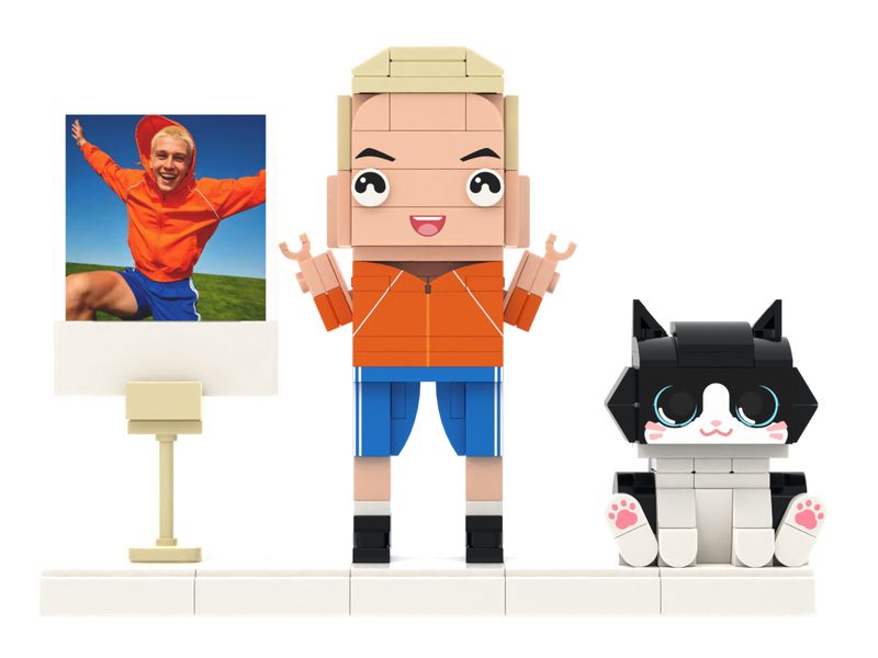 Custom Brick Figure with Preset Cat and Instant Photo Display – Square Face product example