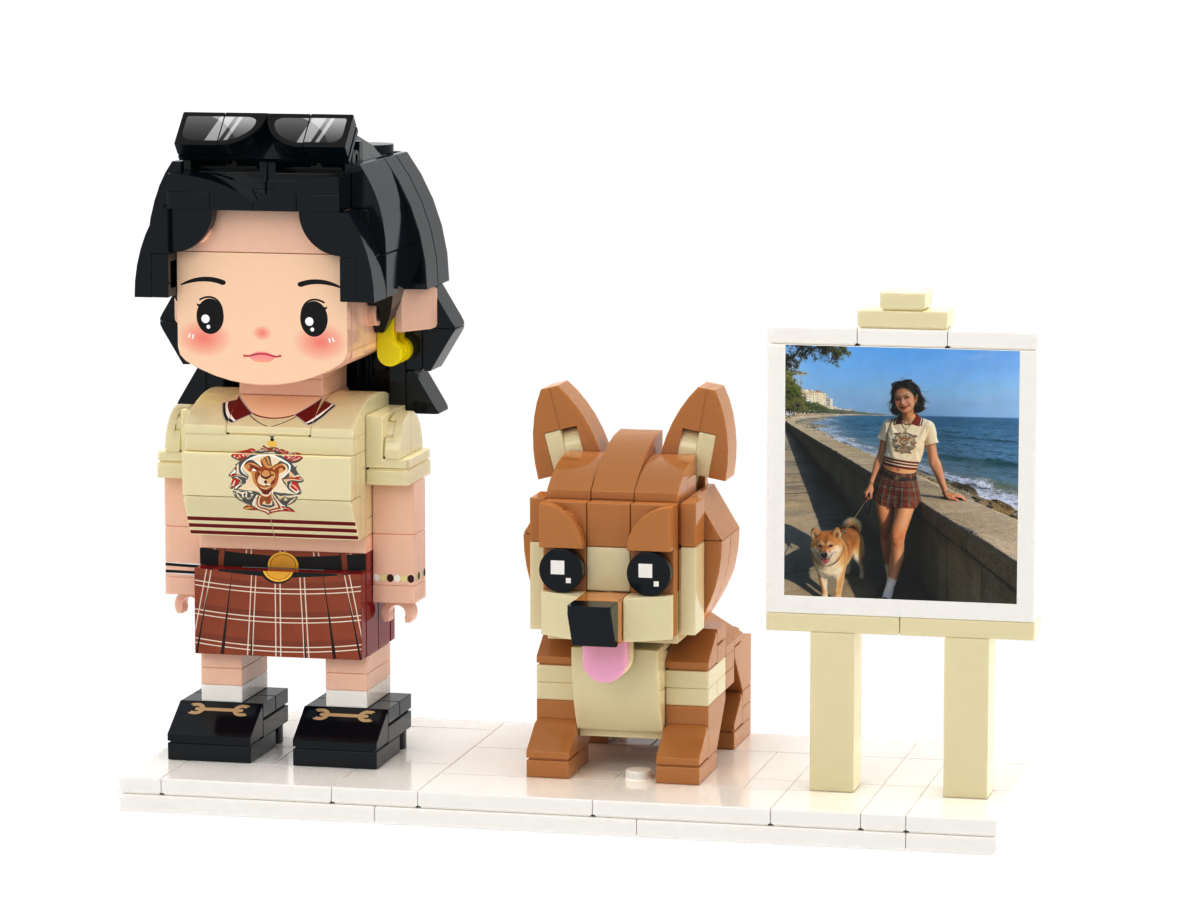 Custom Person & Dog Brick Figure Set with Mini Photo Easel – Round Face product example