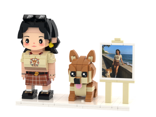 Custom Person & Dog Brick Figure Set with Mini Photo Easel – Round Face product example