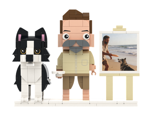 Custom Person & Dog Brick Figure Set with Mini Photo Easel – Square Face product example
