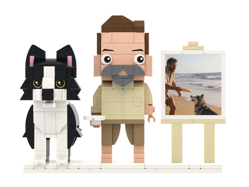 Custom Person & Dog Brick Figure Set with Mini Photo Easel – Square Face product example