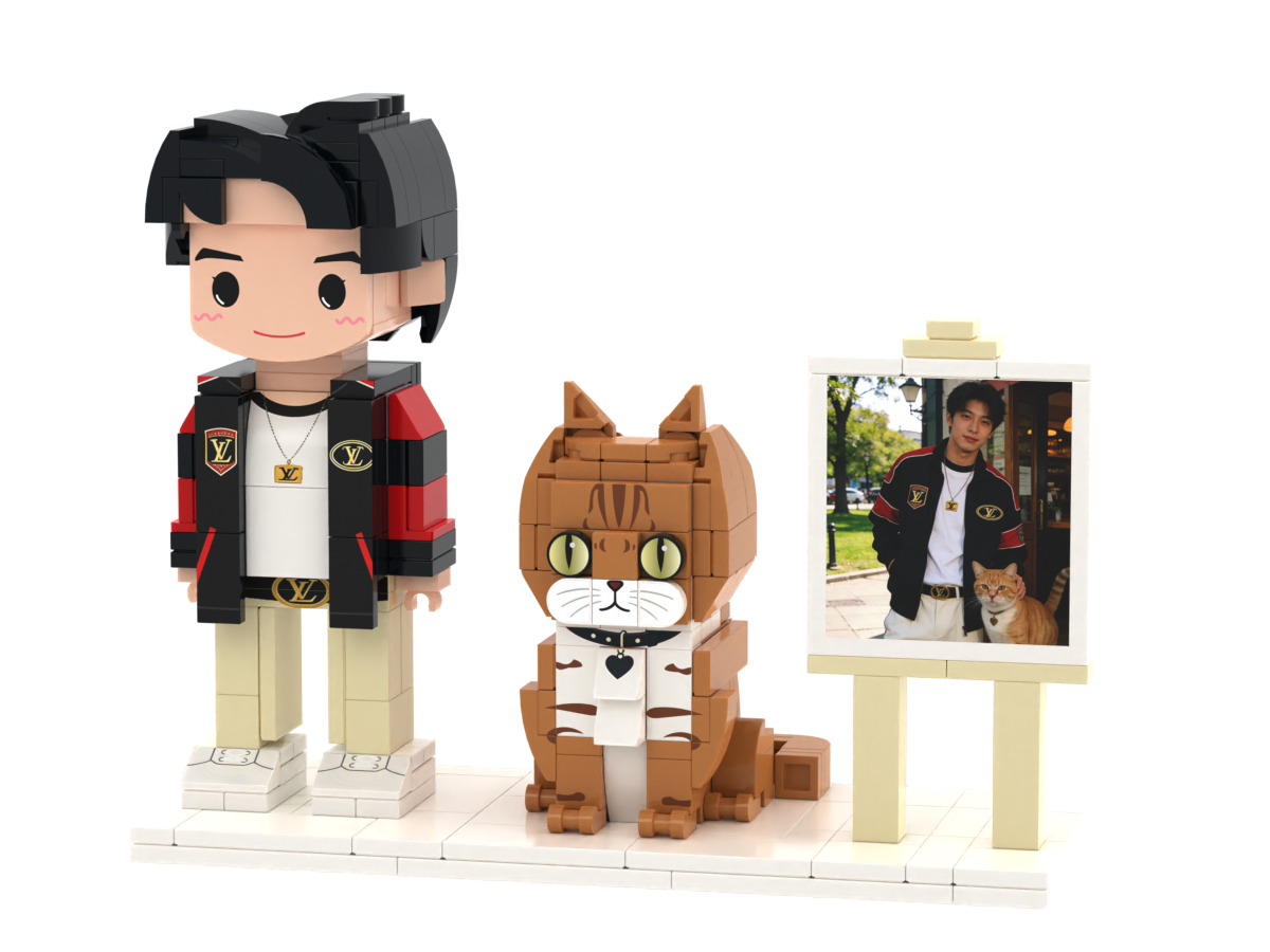 Custom Person & Cat Brick Figure Set with Mini Photo Easel – Round Face product example