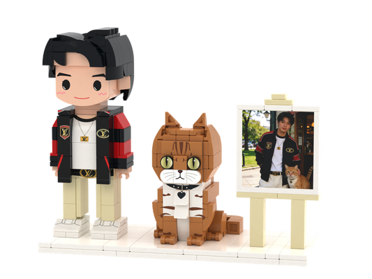 Custom Person & Cat Brick Figure Set with Mini Photo Easel – Round Face product example