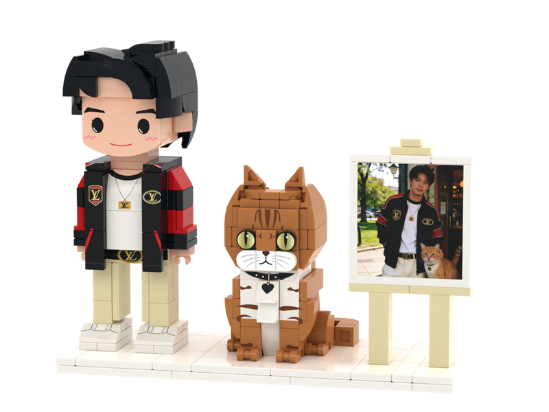 Custom Person & Cat Brick Figure Set with Mini Photo Easel – Round Face product example