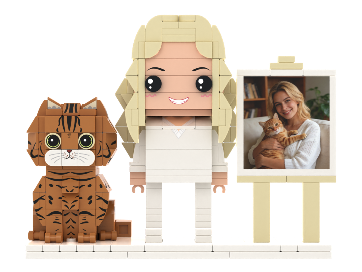 Custom Person & Cat Brick Figure Set with Mini Photo Easel – Square Face product example