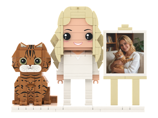 Custom Person & Cat Brick Figure Set with Mini Photo Easel – Square Face product example